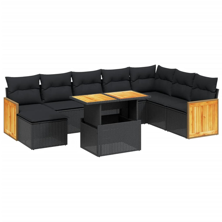 9-delige Loungeset met kussens poly rattan zwart