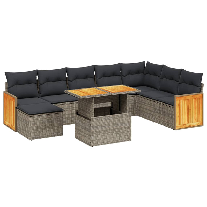 9-delige Loungeset met kussens poly rattan grijs