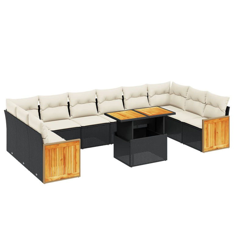 11-delige Loungeset met kussens poly rattan zwart