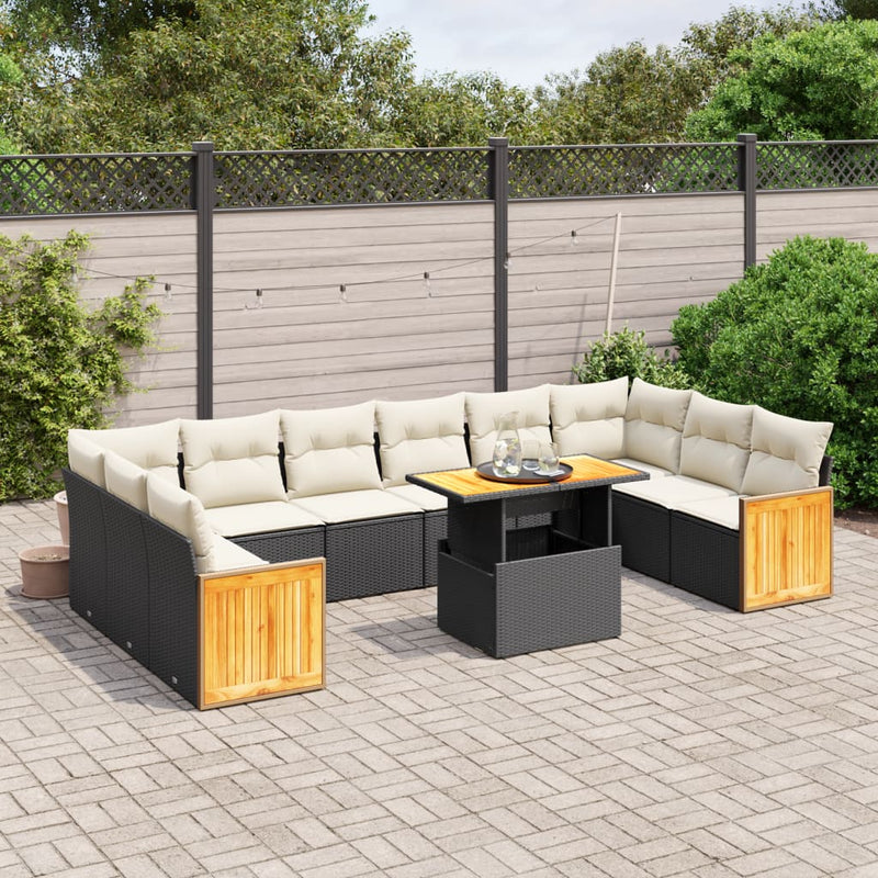 11-delige Loungeset met kussens poly rattan zwart