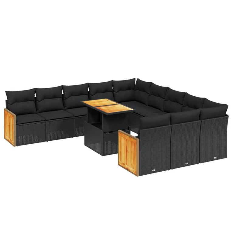 11-delige Loungeset met kussens poly rattan zwart
