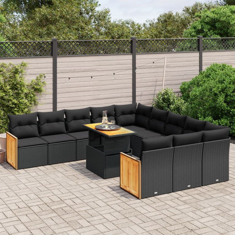 11-delige Loungeset met kussens poly rattan zwart