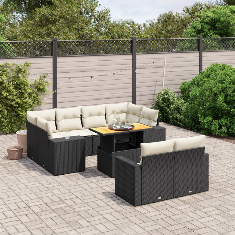 11-delige Loungeset met kussens poly rattan zwart