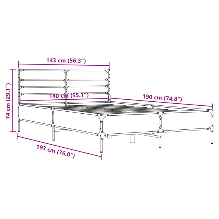 Bedframe bewerkt hout metaal sonoma eikenkleurig 90x190 cm