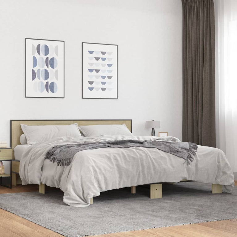 Bedframe bewerkt hout metaal sonoma eikenkleurig 200x200 cm
