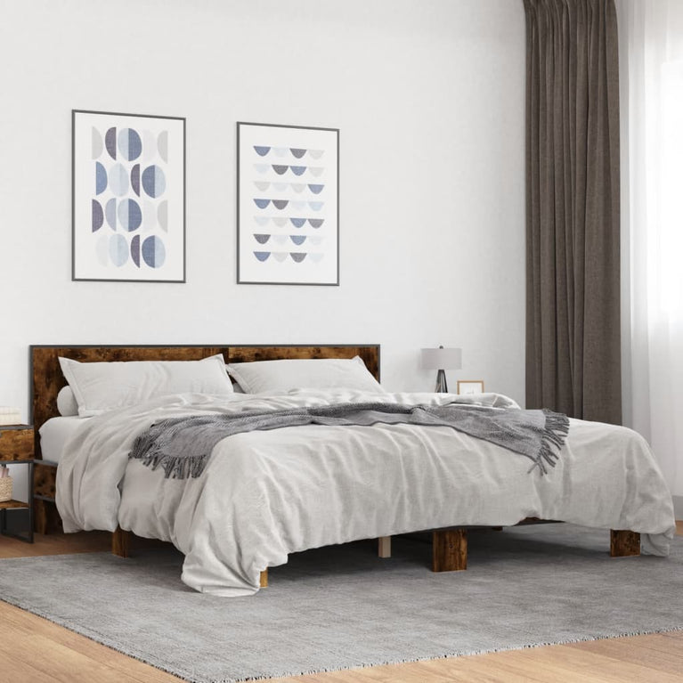 Bedframe bewerkt hout metaal gerookt eikenkleurig 180x200 cm