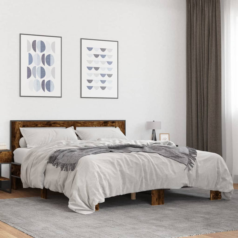 Bedframe bewerkt hout metaal gerookt eikenkleurig 150x200 cm