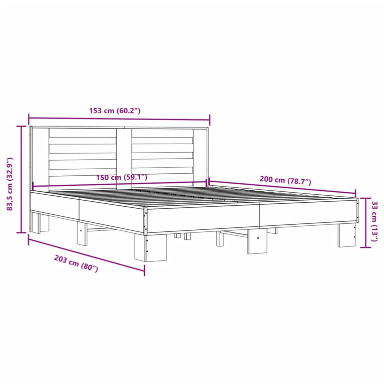 Bedframe bewerkt hout metaal gerookt eikenkleurig 150x200 cm