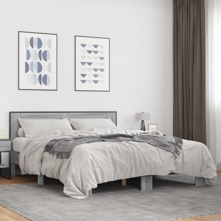 Bedframe bewerkt hout metaal grijs sonoma eiken 150x200 cm