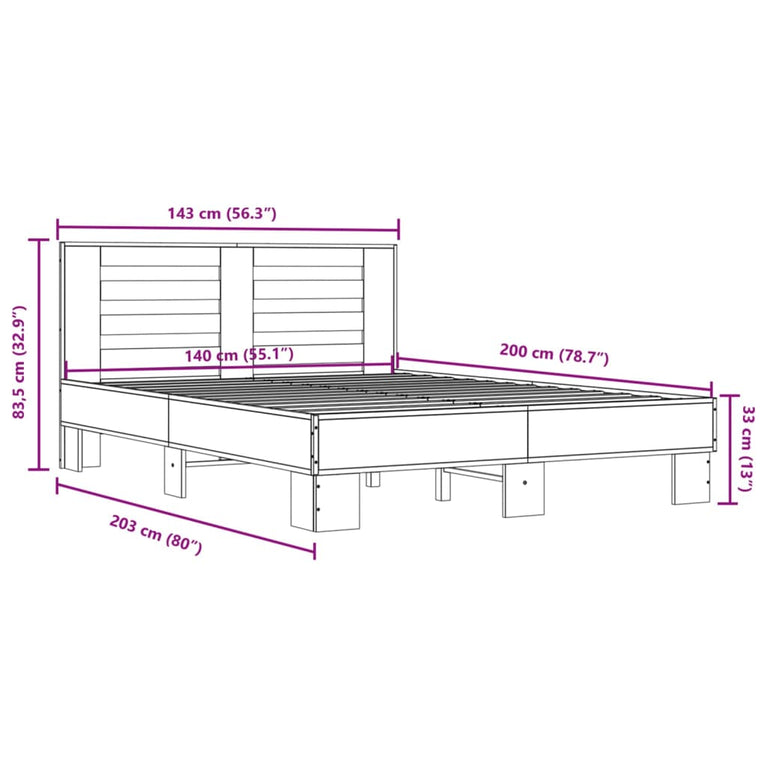 Bedframe bewerkt hout metaal sonoma eikenkleurig 140x200 cm
