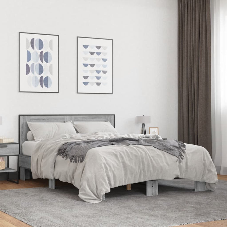 Bedframe bewerkt hout metaal grijs sonoma eiken 140x200 cm