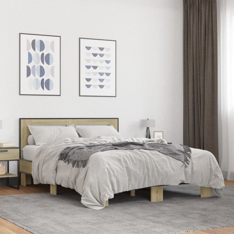 Bedframe bewerkt hout metaal sonoma eikenkleurig 90x190 cm