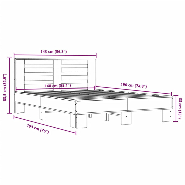 Bedframe bewerkt hout metaal grijs sonoma eiken 140x190 cm