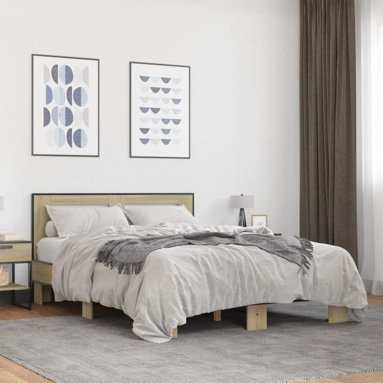 Bedframe bewerkt hout metaal sonoma eikenkleurig 120x190 cm