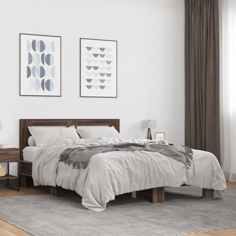 Bedframe bewerkt hout metaal bruin eikenkleur 120x190 cm