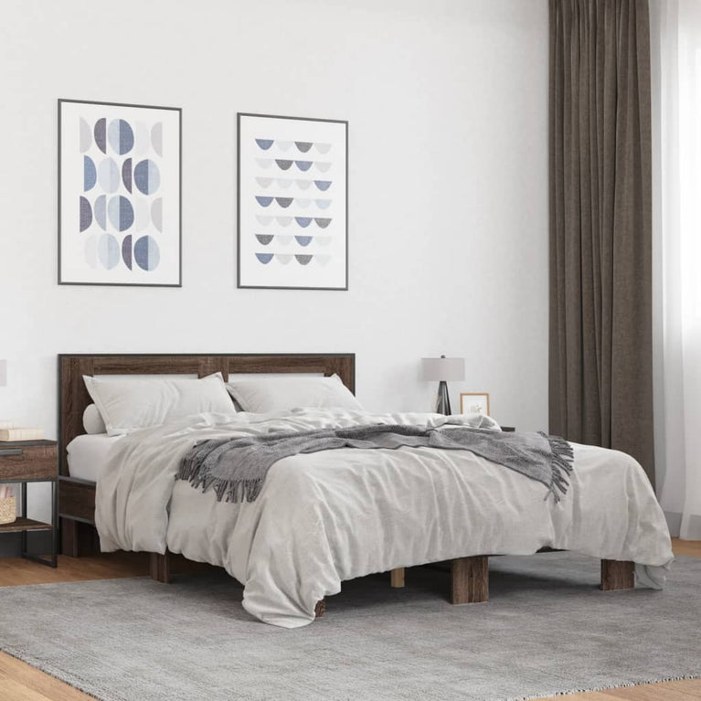 Bedframe bewerkt hout metaal bruin eikenkleur 135x190 cm