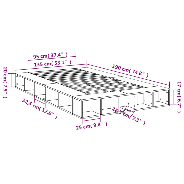 Bedframe bewerkt hout grijs sonoma eikenkleurig 135x190 cm