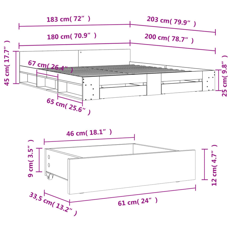 Bedframe met lades bewerkt hout grijs sonoma eiken 180x200 cm