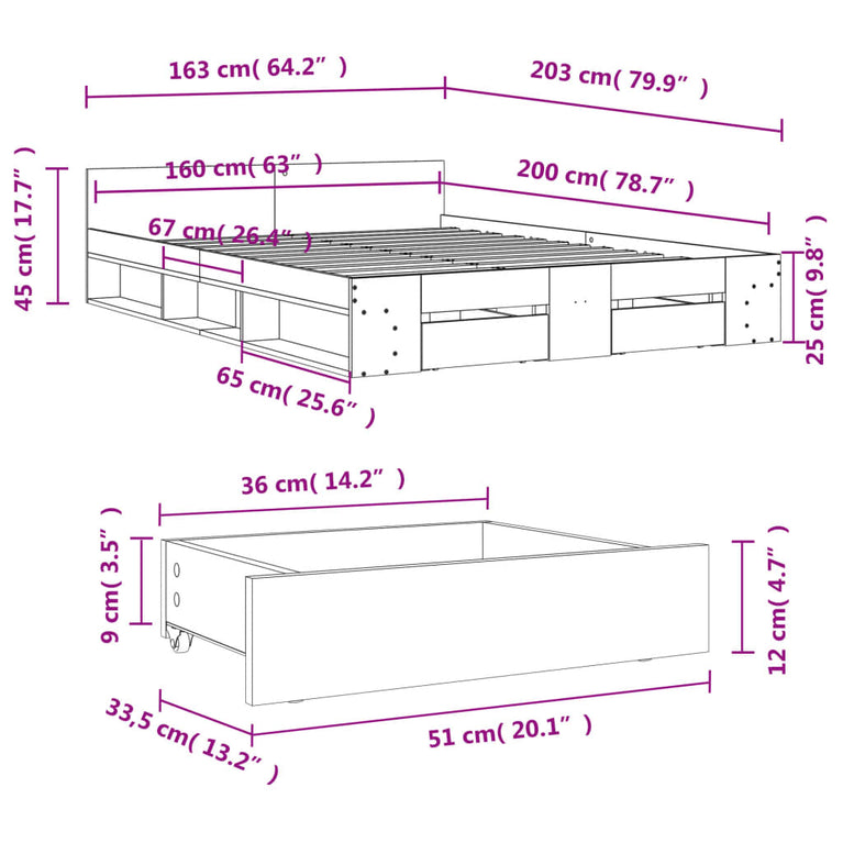 Bedframe met lades bewerkt hout zwart 160x200 cm