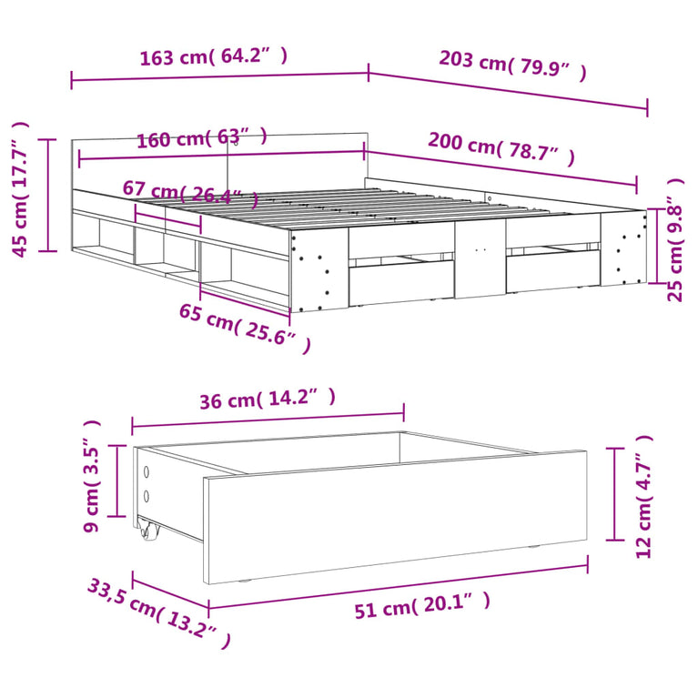 Bedframe met lades bewerkt hout grijs sonoma eiken 160x200 cm