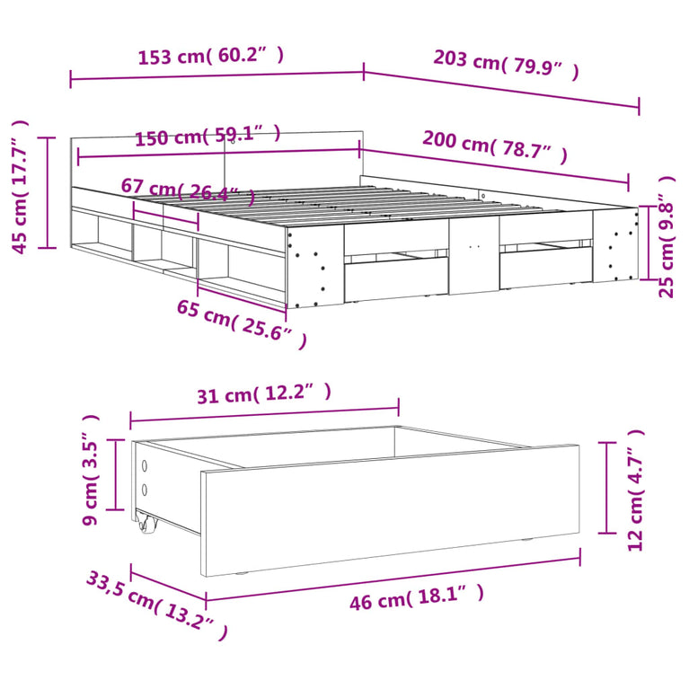 Bedframe met lades bewerkt hout wit 150x200 cm