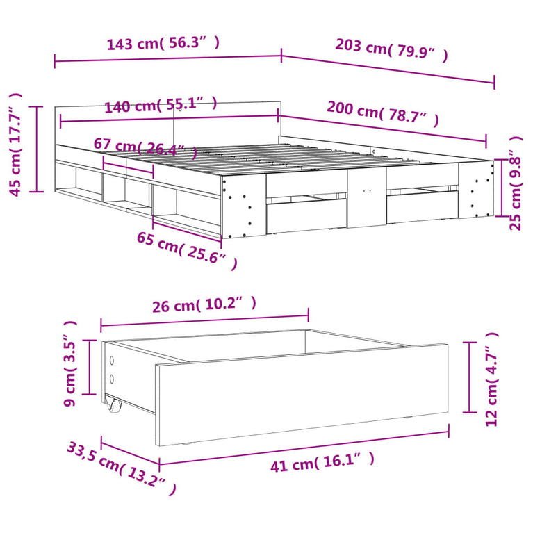 Bedframe met lades bewerkt hout bruin eikenkleurig 140x200 cm