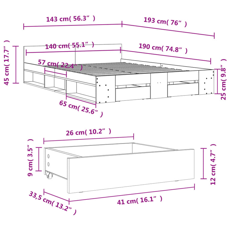 Bedframe met lades bewerkt hout zwart 140x190 cm