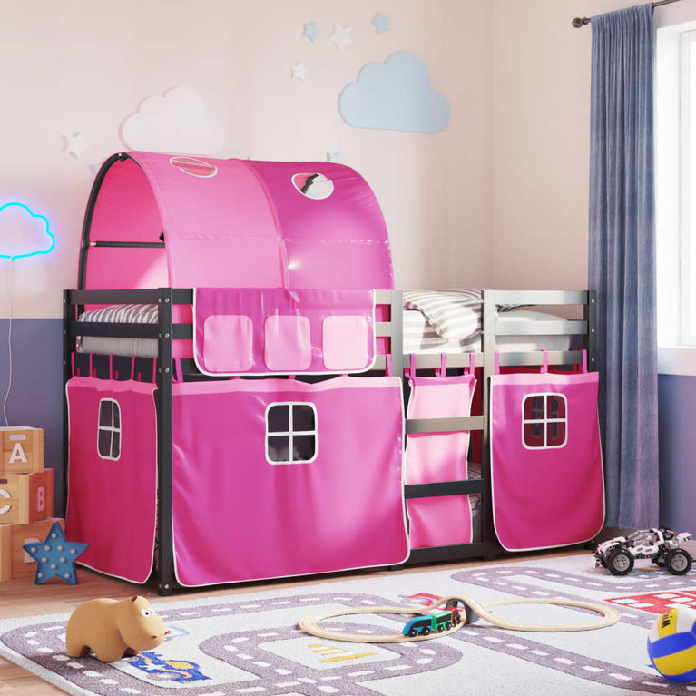 Stapelbed met gordijnen 80x200 cm grenenhout roze
