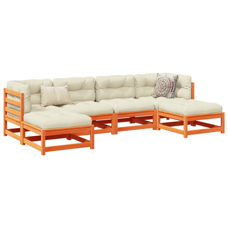 6-delige Loungeset met kussens massief grenenhout wasbruin