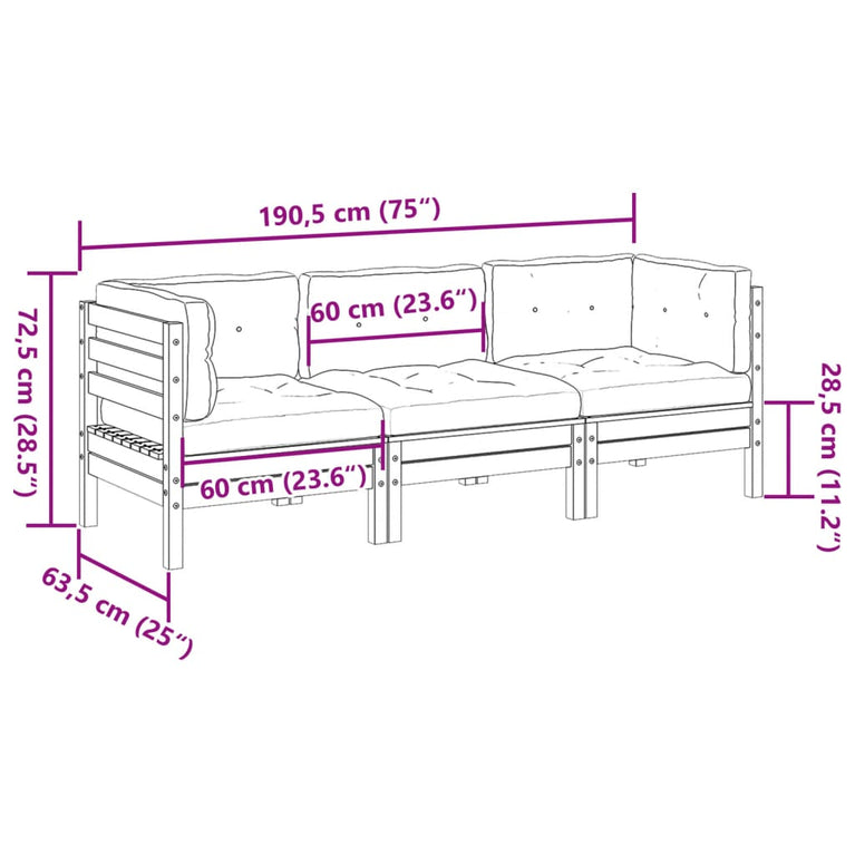 3-delige Loungeset met kussens massief douglas vurenhout