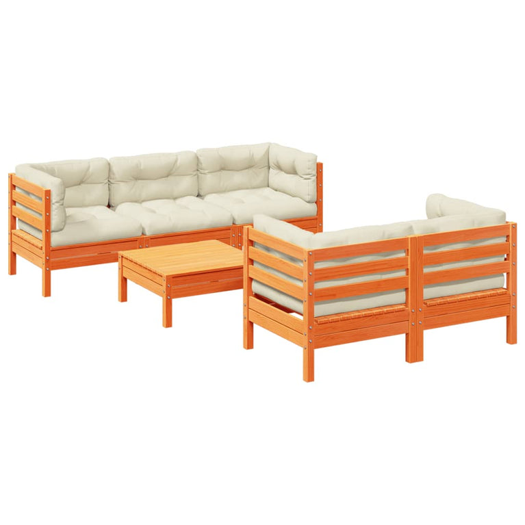 6-delige Loungeset met kussens massief grenenhout wasbruin