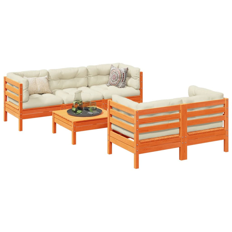 6-delige Loungeset met kussens massief grenenhout wasbruin