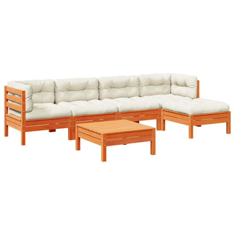 6-delige Loungeset met kussens massief grenenhout wasbruin