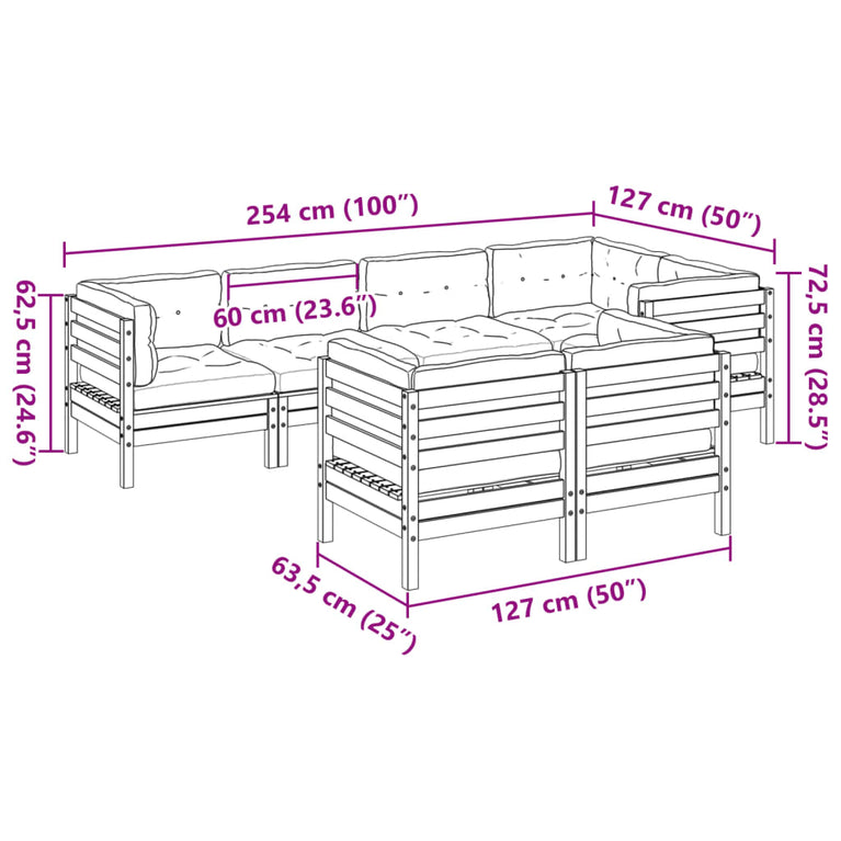 7-delige Loungeset met kussens massief grenenhout wasbruin