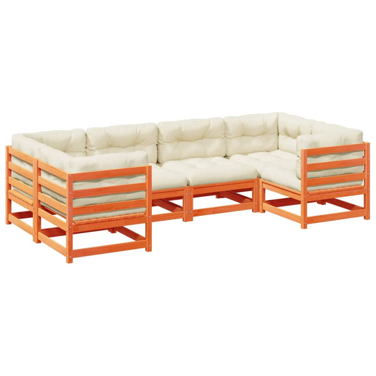 6-delige Loungeset met kussens massief grenenhout wasbruin