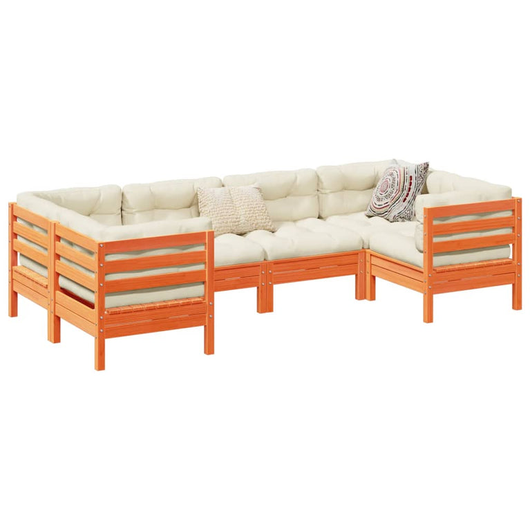 6-delige Loungeset met kussens massief grenenhout wasbruin