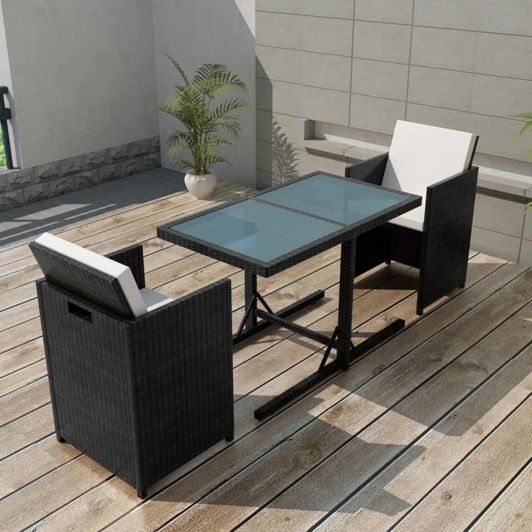 3-delige Bistroset met kussens poly rattan zwart MeubelReus
