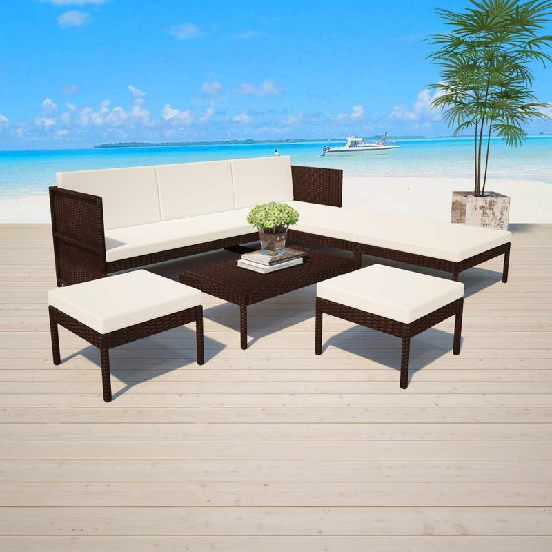 6-delige Loungeset met kussens poly rattan bruin MeubelReus