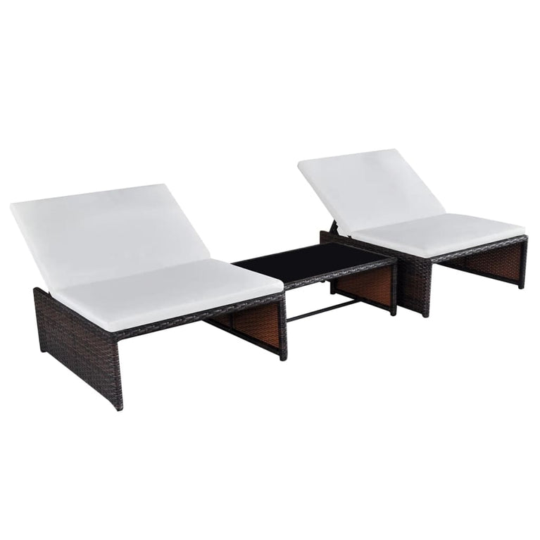 Ligbedden 2 st met tafel poly rattan bruin MeubelReus