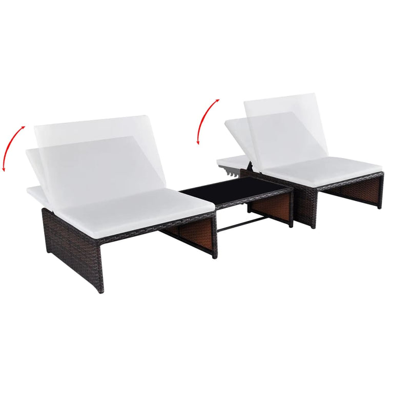 Ligbedden 2 st met tafel poly rattan bruin MeubelReus