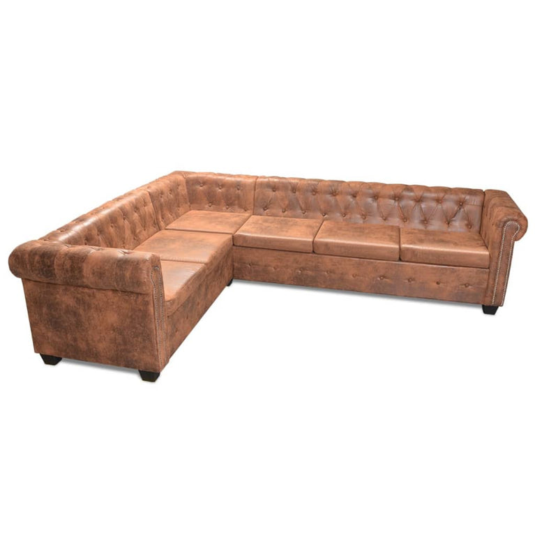 Chesterfield hoekbank 6-zits kunstleer bruin MeubelReus