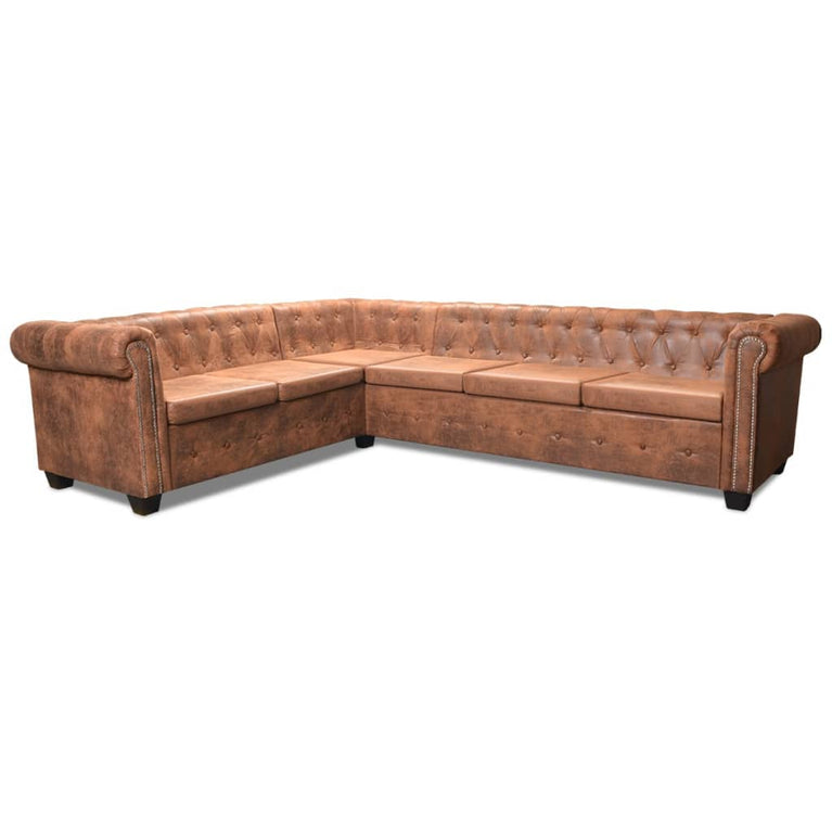 Chesterfield hoekbank 6-zits kunstleer bruin MeubelReus