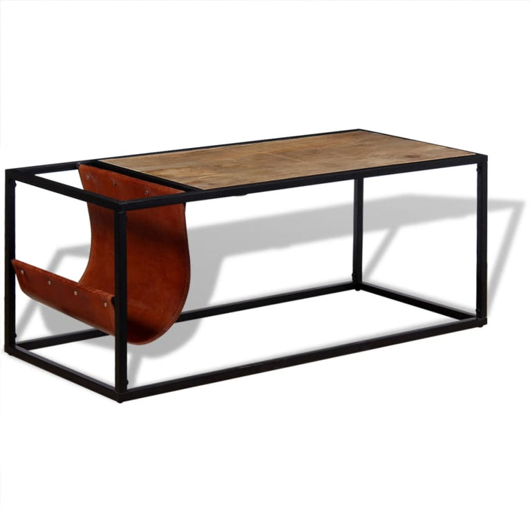 Salontafel met echt lederen tijdschriftenhouder 110x50x45 cm MeubelReus