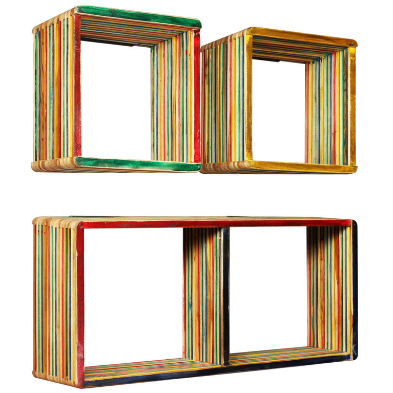 Wandschappenset massief gerecycled teakhout meerkleurig 3-delig MeubelReus