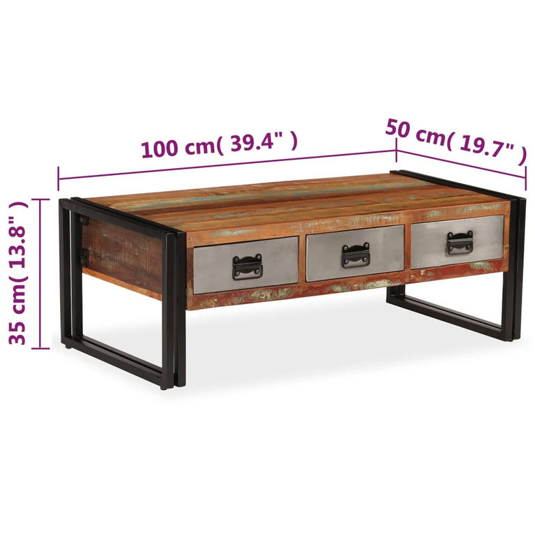 Salontafel met 3 lades 100x50x35 cm massief gerecycled hout MeubelReus