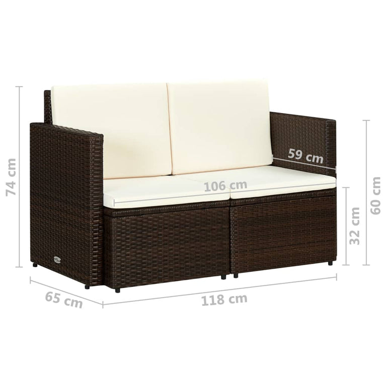 Tuinbank 2-zits met kussens poly rattan bruin MeubelReus