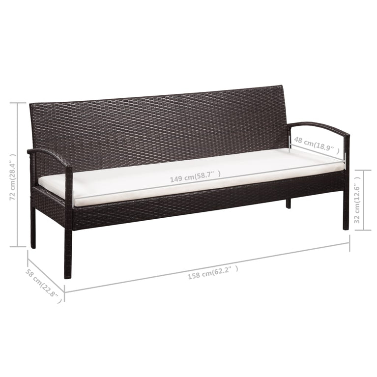 Tuinbank 3-zits met kussens poly rattan bruin MeubelReus