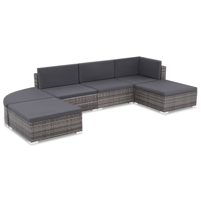6-delige Loungeset met kussens poly rattan grijs