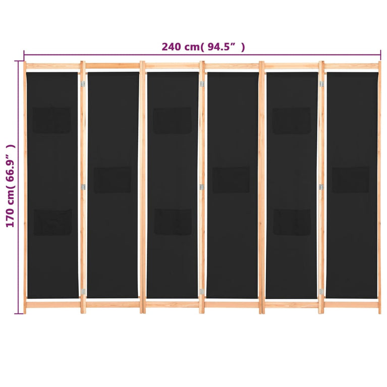 Kamerscherm met 6 panelen 240x170x4 cm stof zwart MeubelReus