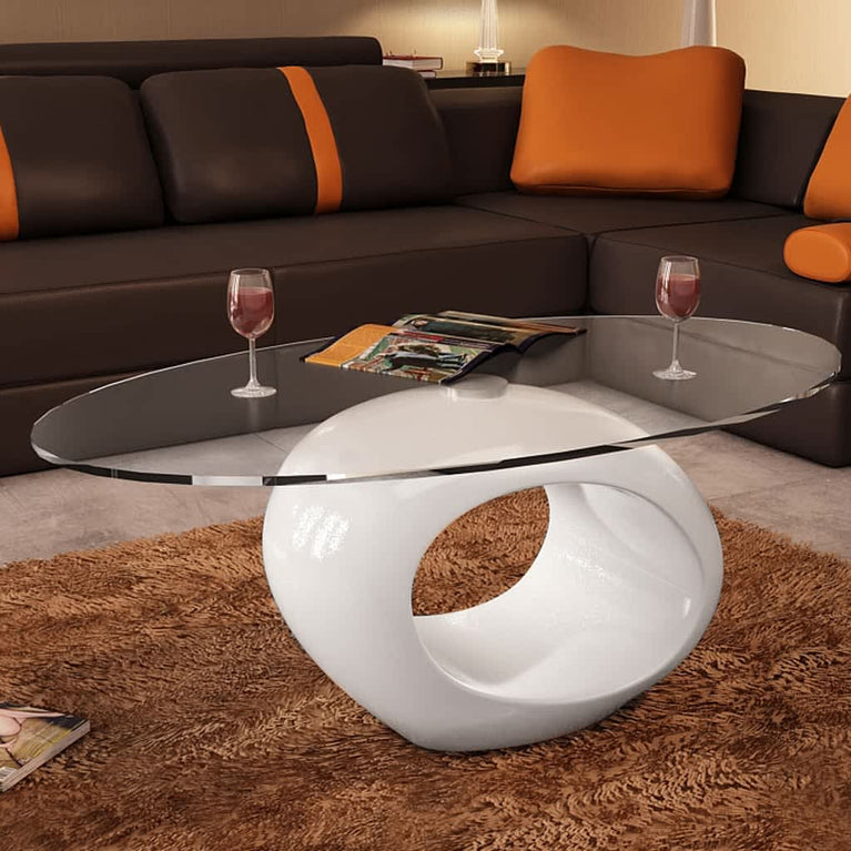 Salontafel met ovaal glazen tafelblad hoogglans wit MeubelReus